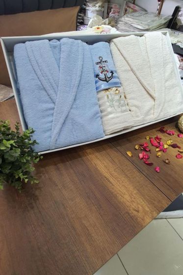 Çeyizlik Aile Bornoz Seti 4 Parça Krem Mavi - Çeyiz Diyarı (1)