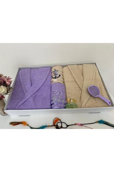 Çeyizlik Aile Bornoz Seti 4 Parça Lila - Bej - Çeyiz Diyarı (1)