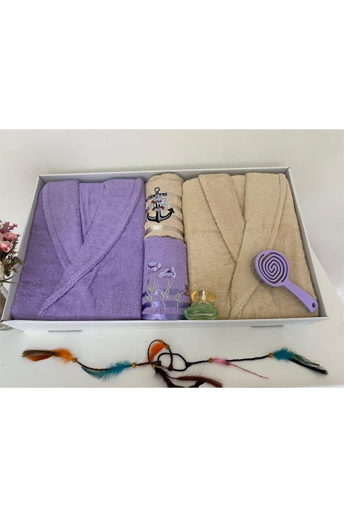 Çeyizlik Aile Bornoz Seti 4 Parça Lila - Bej - 3