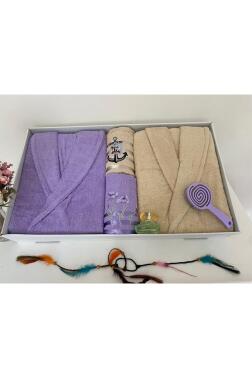 Çeyizlik Aile Bornoz Seti 4 Parça Lila - Bej - 3