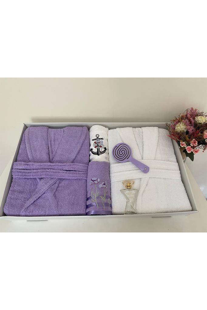 Çeyizlik Aile Bornoz Seti 4 Parça Lila - Beyaz - 1