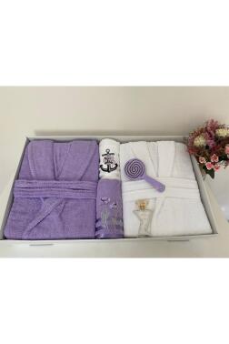 Çeyizlik Aile Bornoz Seti 4 Parça Lila - Beyaz - 1