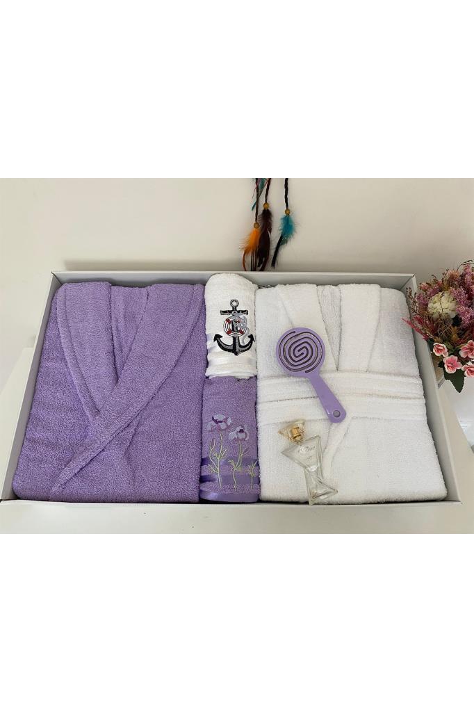 Çeyizlik Aile Bornoz Seti 4 Parça Lila - Beyaz - 2