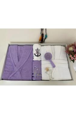 Çeyizlik Aile Bornoz Seti 4 Parça Lila - Beyaz - 2