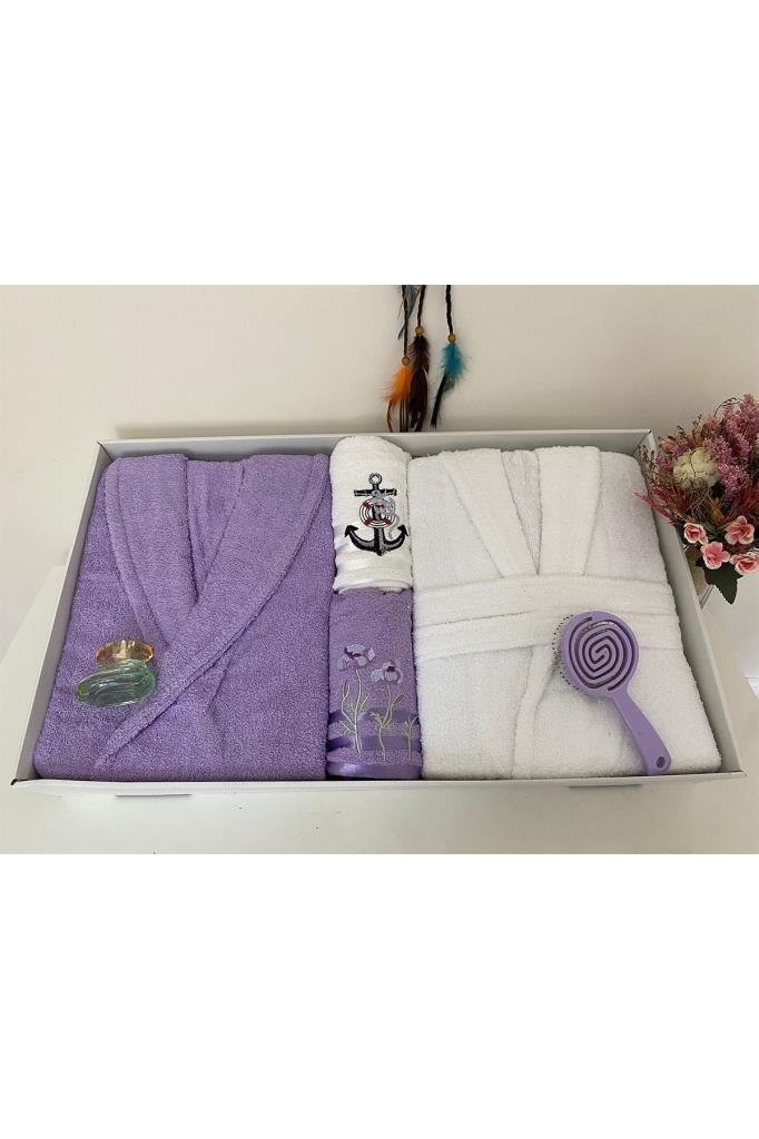 Çeyizlik Aile Bornoz Seti 4 Parça Lila - Beyaz - 3