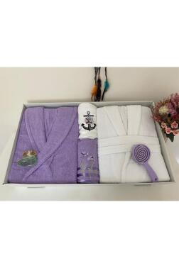 Çeyizlik Aile Bornoz Seti 4 Parça Lila - Beyaz - 3