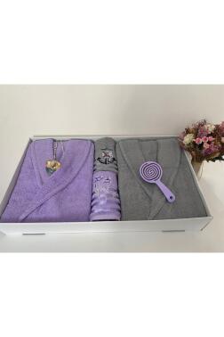 Çeyizlik Aile Bornoz Seti 4 Parça Lila - Gri - 1