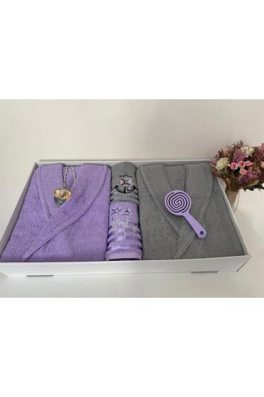 Çeyizlik Aile Bornoz Seti 4 Parça Lila - Gri - Çeyiz Diyarı