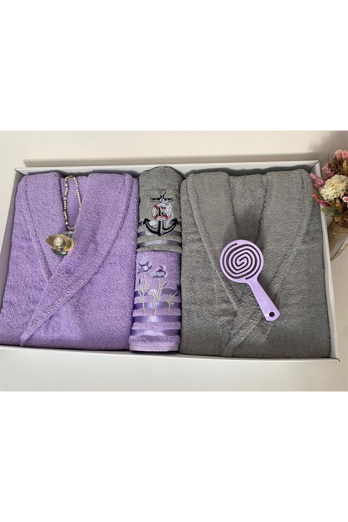 Çeyizlik Aile Bornoz Seti 4 Parça Lila - Gri - 2
