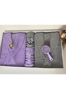 Çeyizlik Aile Bornoz Seti 4 Parça Lila - Gri - 2