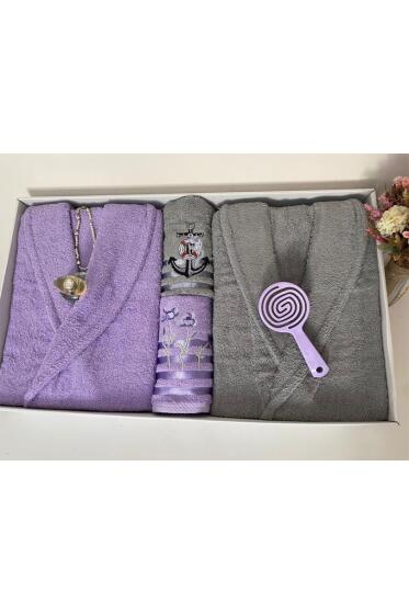 Çeyizlik Aile Bornoz Seti 4 Parça Lila - Gri - Çeyiz Diyarı (1)