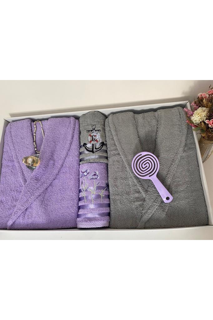 Çeyizlik Aile Bornoz Seti 4 Parça Lila - Gri - 3