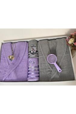 Çeyizlik Aile Bornoz Seti 4 Parça Lila - Gri - 3