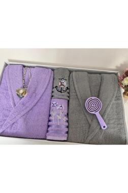Çeyizlik Aile Bornoz Seti 4 Parça Lila - Gri - 4