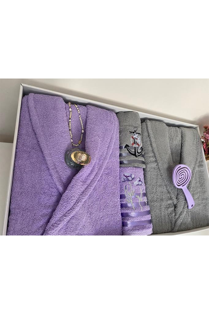 Çeyizlik Aile Bornoz Seti 4 Parça Lila - Gri - 5
