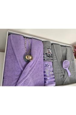 Çeyizlik Aile Bornoz Seti 4 Parça Lila - Gri - 5