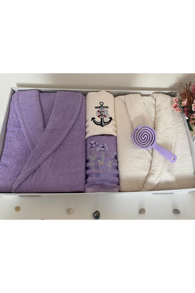 Çeyizlik Aile Bornoz Seti 4 Parça Lila - Krem - 1