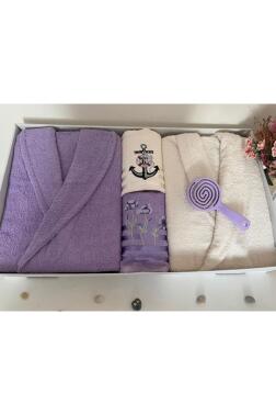 Çeyizlik Aile Bornoz Seti 4 Parça Lila - Krem - 1