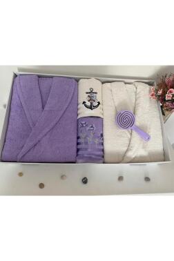 Çeyizlik Aile Bornoz Seti 4 Parça Lila - Krem - 2