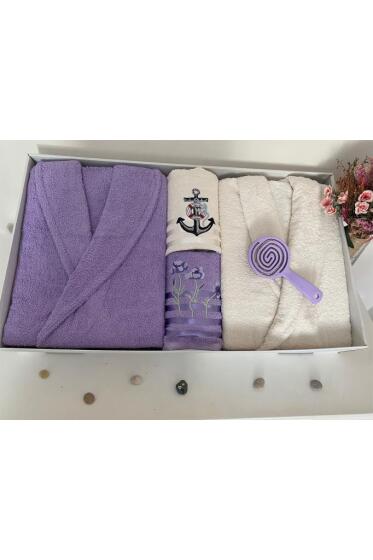 Çeyizlik Aile Bornoz Seti 4 Parça Lila - Krem - Çeyiz Diyarı (1)