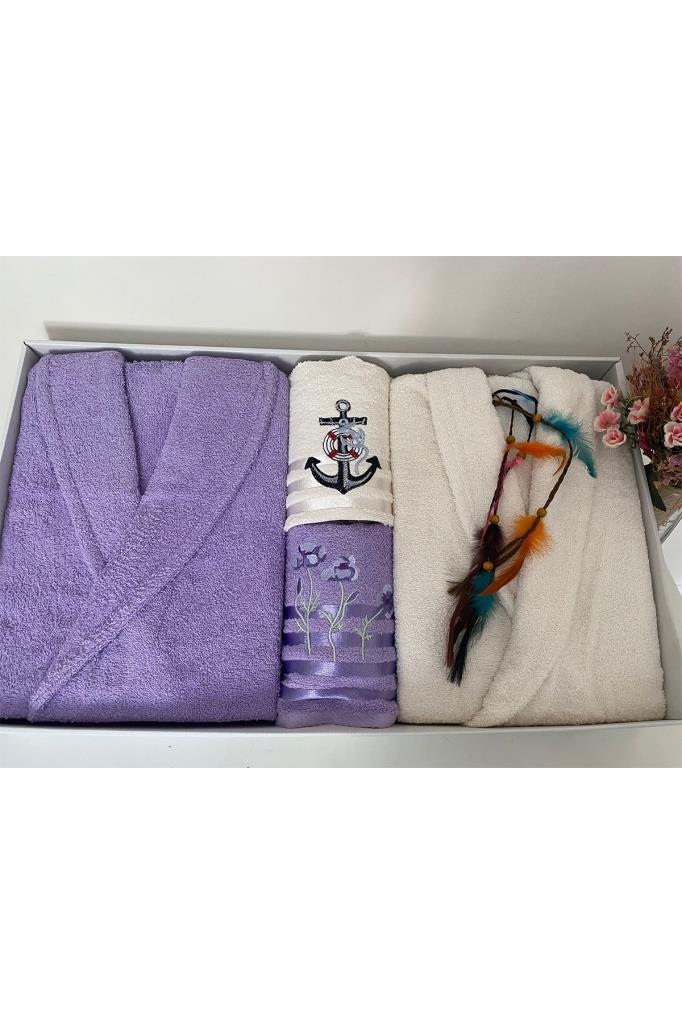 Çeyizlik Aile Bornoz Seti 4 Parça Lila - Krem - 3
