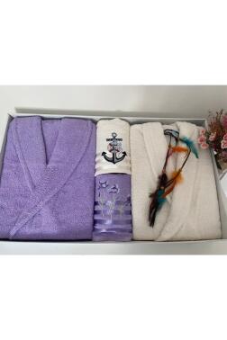 Çeyizlik Aile Bornoz Seti 4 Parça Lila - Krem - 3