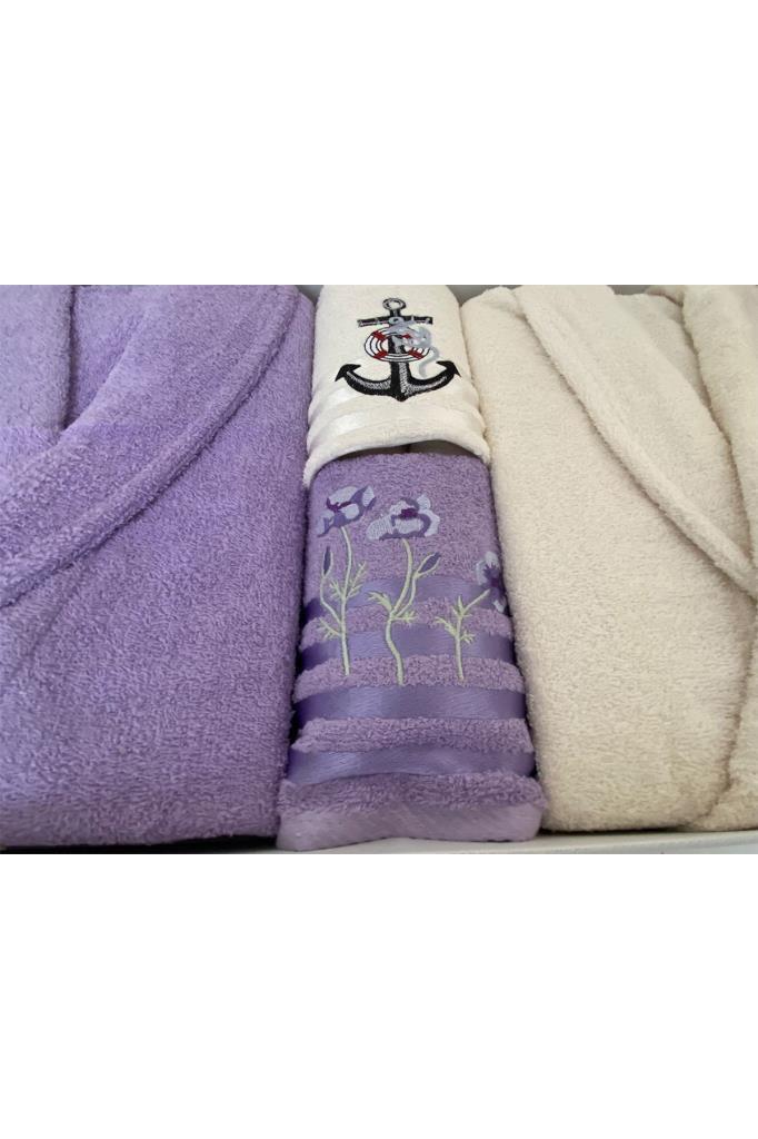 Çeyizlik Aile Bornoz Seti 4 Parça Lila - Krem - 4