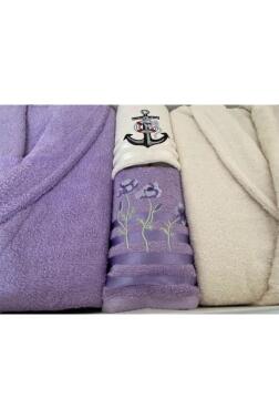 Çeyizlik Aile Bornoz Seti 4 Parça Lila - Krem - 4