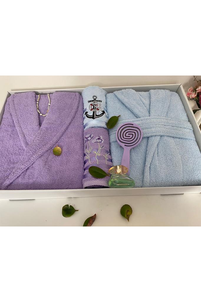 Çeyizlik Aile Bornoz Seti 4 Parça Lila - Mavi - 1