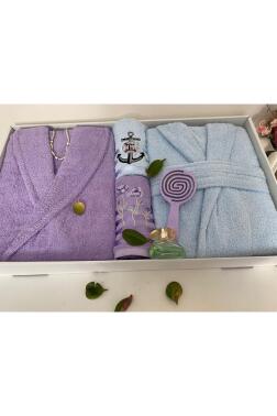 Çeyizlik Aile Bornoz Seti 4 Parça Lila - Mavi - 1