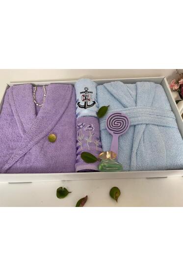 Çeyizlik Aile Bornoz Seti 4 Parça Lila - Mavi - Çeyiz Diyarı