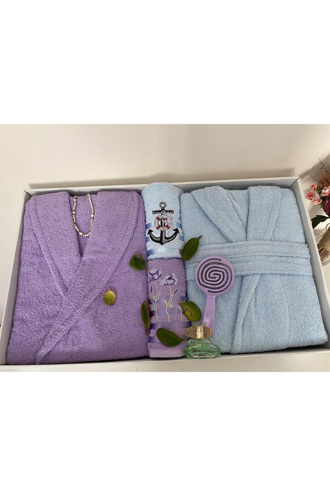 Çeyizlik Aile Bornoz Seti 4 Parça Lila - Mavi - 2