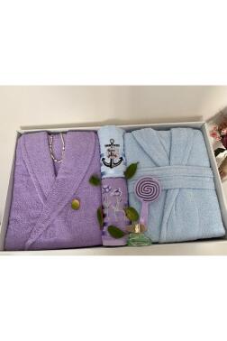 Çeyizlik Aile Bornoz Seti 4 Parça Lila - Mavi - 2