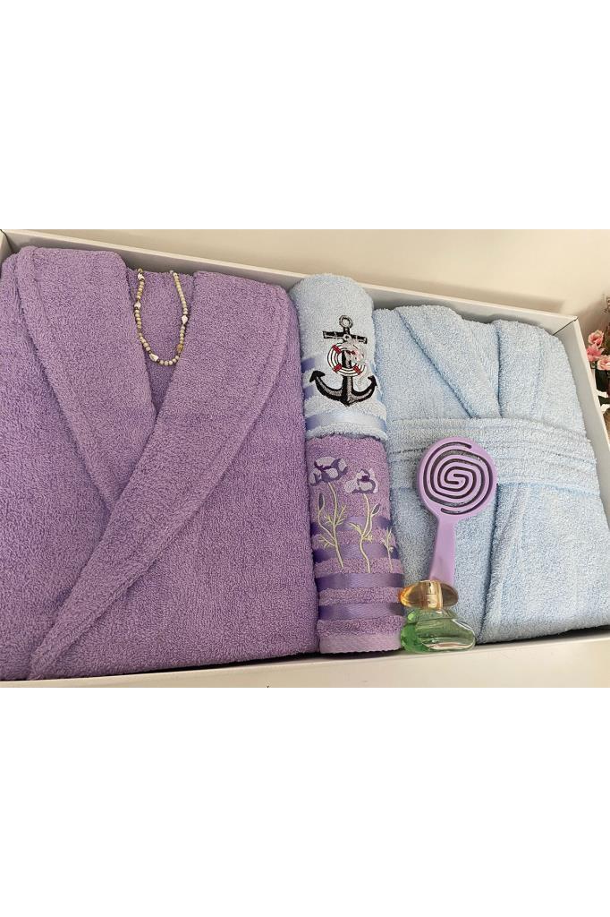 Çeyizlik Aile Bornoz Seti 4 Parça Lila - Mavi - 3