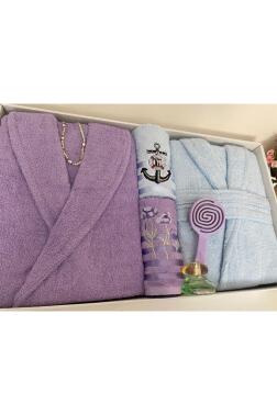 Çeyizlik Aile Bornoz Seti 4 Parça Lila - Mavi - 3