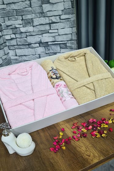 Çeyizlik Aile Bornoz Seti 4 Parça Pudra Cappucino - Çeyiz Diyarı