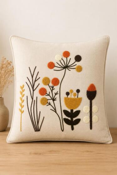 Çiçekçim Lüx Nakışlı Keten Kırlent Kılıfı 45x45 cm - Çeyiz Diyarı