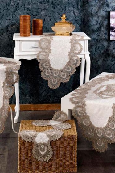 Çilem Kadife Kordone 5 Parça Salon Takımı Krem Cappucino - Çeyiz Diyarı