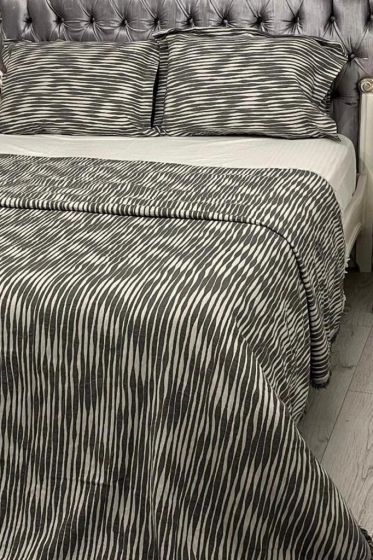 Çizgi Müslin Çift Kişilik Saçaklı Pike Takımı 230x250 Antrasit - Çeyiz Diyarı