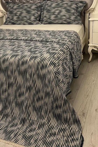 Çizgi Müslin Çift Kişilik Saçaklı Pike Takımı 230x250 Lacivert - Çeyiz Diyarı