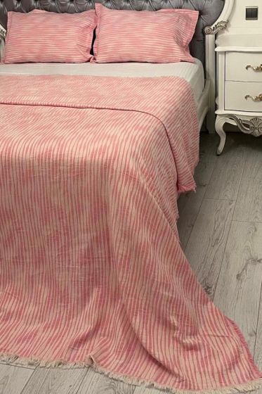 Çizgi Müslin Çift Kişilik Saçaklı Pike Takımı 230x250 Pudra - Çeyiz Diyarı