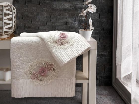 Cotton İncili 3D Hamam Seti Flower Krem - Çeyiz Diyarı