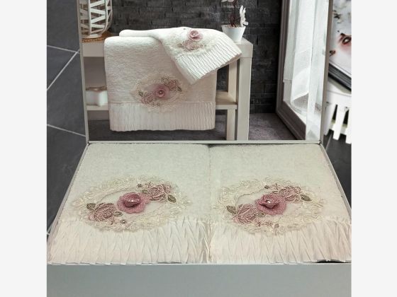 Cotton İncili 3D Hamam Seti Flower Krem - Çeyiz Diyarı (1)