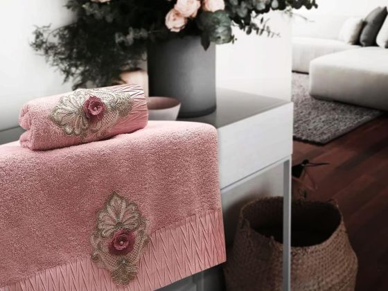Cotton İncili 3D Hamam Seti Lovers Pudra - Çeyiz Diyarı