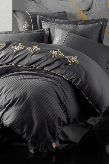 Cottonbox Brode Saten King Çift Kişilik Nevresim Takımı Antrasit - Cotton Box