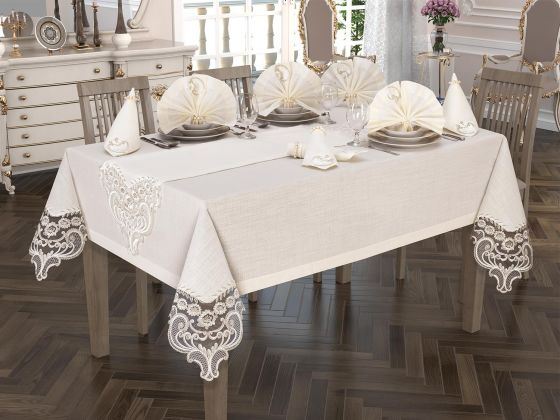 Crown Linen Fransız Güpürlü Masa Örtüsü Takımı 26 Parça Krem - Çeyiz Diyarı