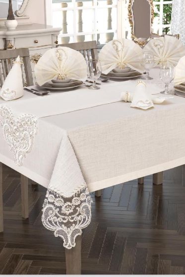 Crown Linen Fransız Güpürlü Masa Örtüsü Takımı 26 Parça Krem - Çeyiz Diyarı (1)
