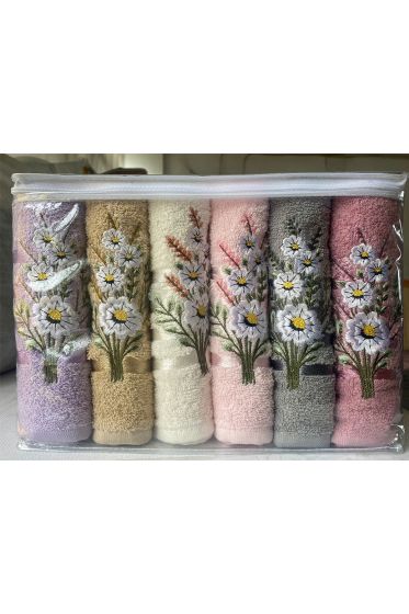 Daisy Flosh Bordürlü Nakışlı 6 lı El Yüz Havlu Takımı - Çeyiz Diyarı