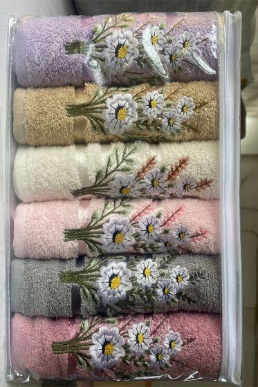 Daisy Flosh Bordürlü Nakışlı 6 lı El Yüz Havlu Takımı - Çeyiz Diyarı (1)