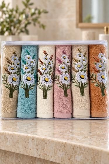 Daisy Flosh Nakışlı 6 lı El Yüz Havlu Takımı - Çeyiz Diyarı